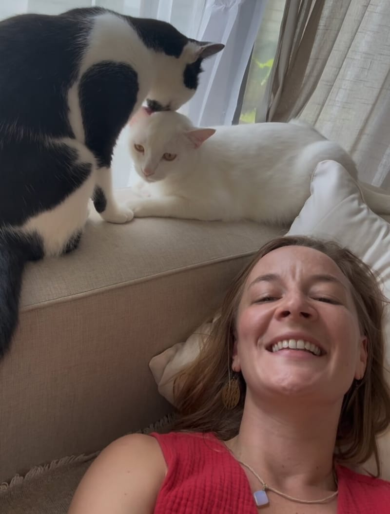 JJ smiling with her eyes closed while a black-and-white cat and a white cat nuzzle on the window seat above her